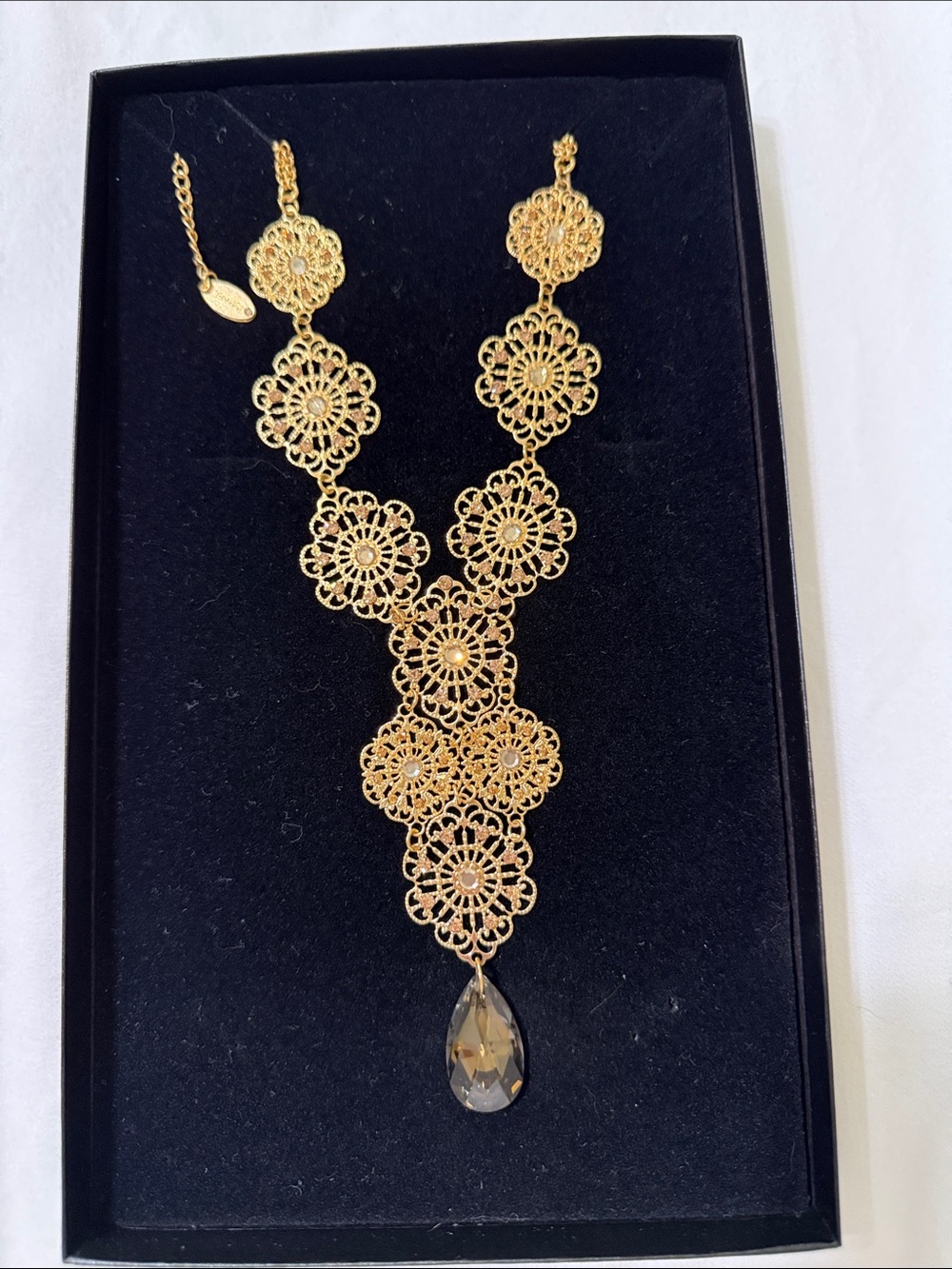 NWT Gold Plated Filigree Floral Necklace with Teardrop Crystal
